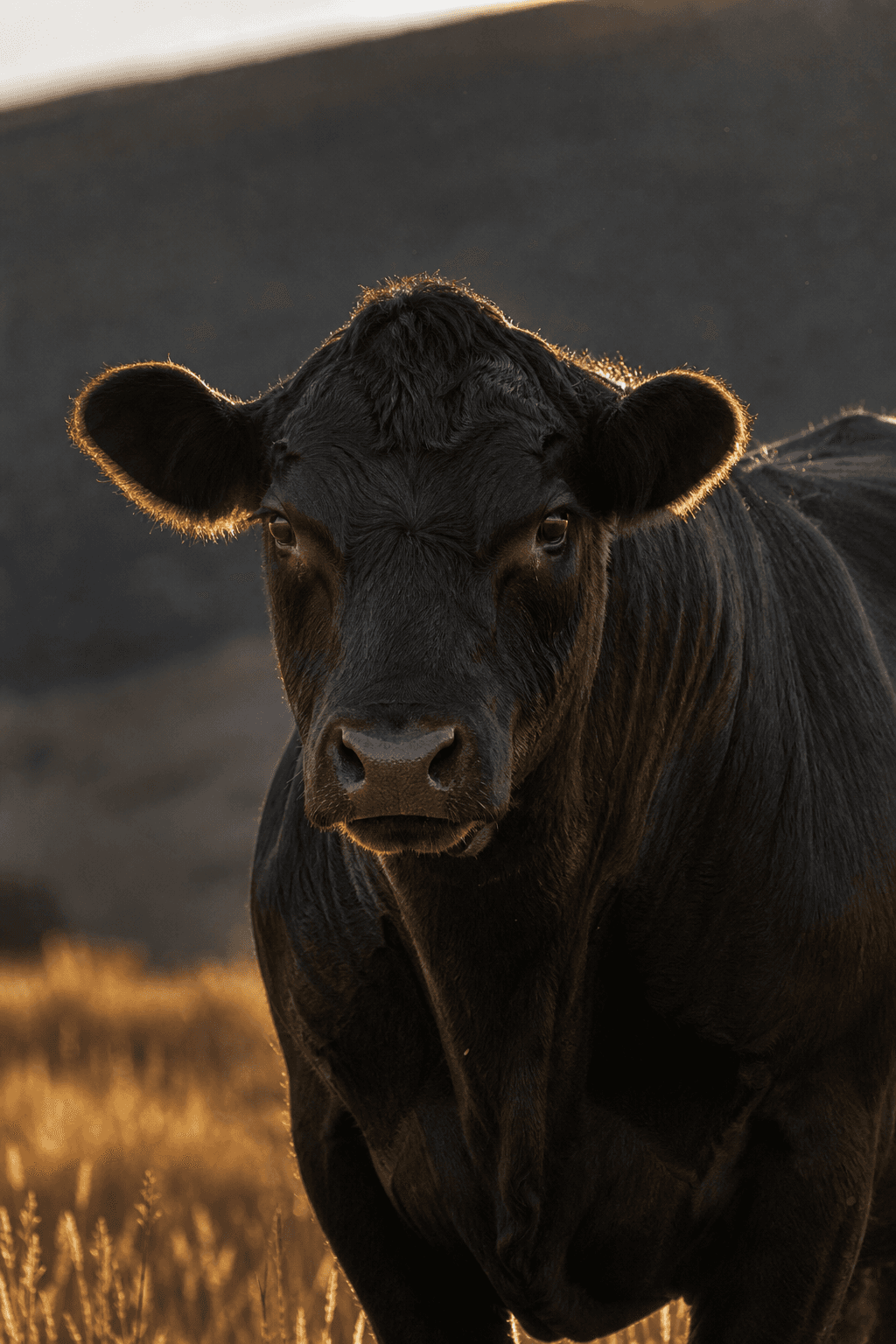 Black Angus steer at golden hour, ears rim-lit by low sun