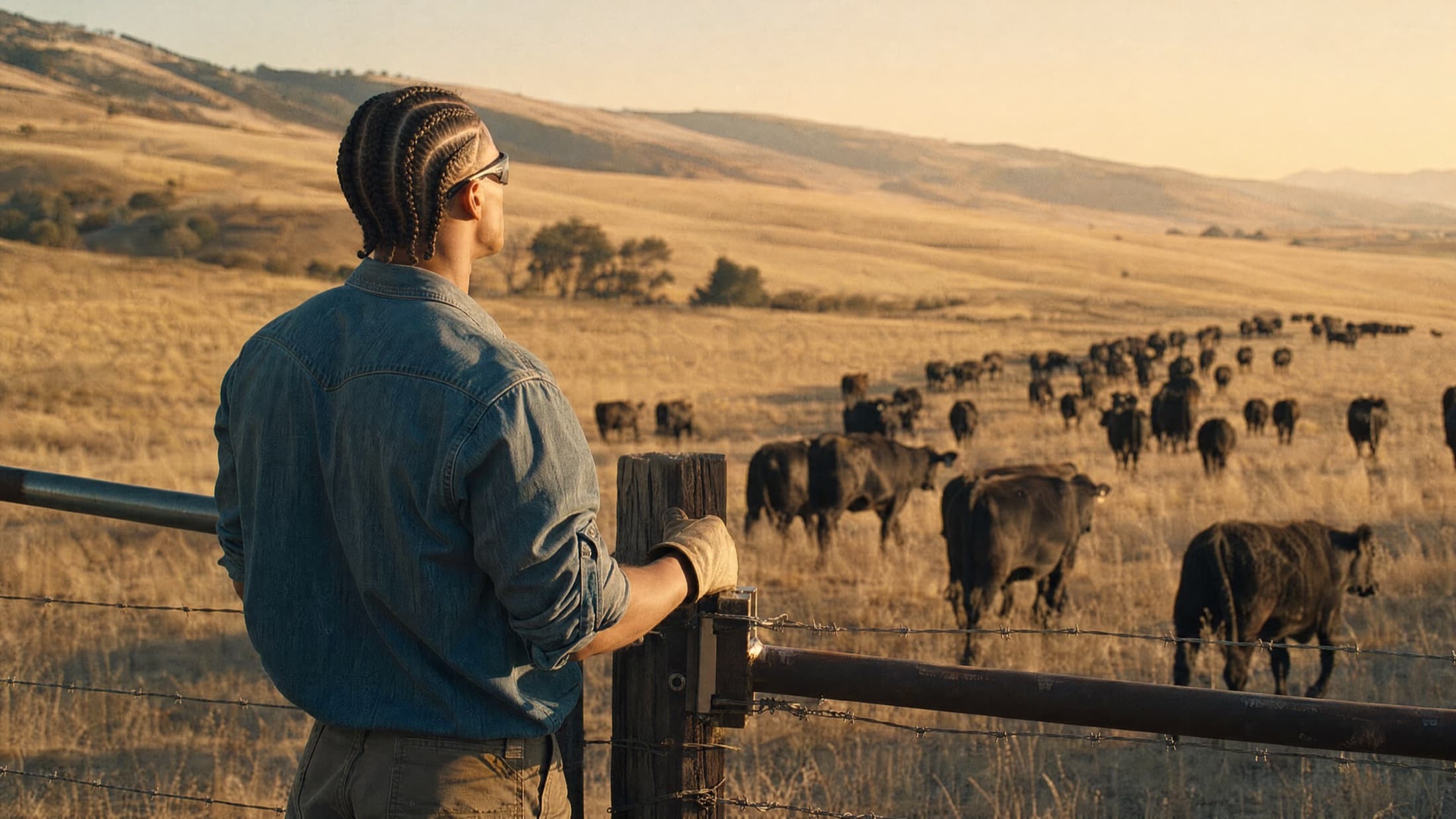 A rancher at the paddock gate at first light, watching the herd drift toward fresh pasture