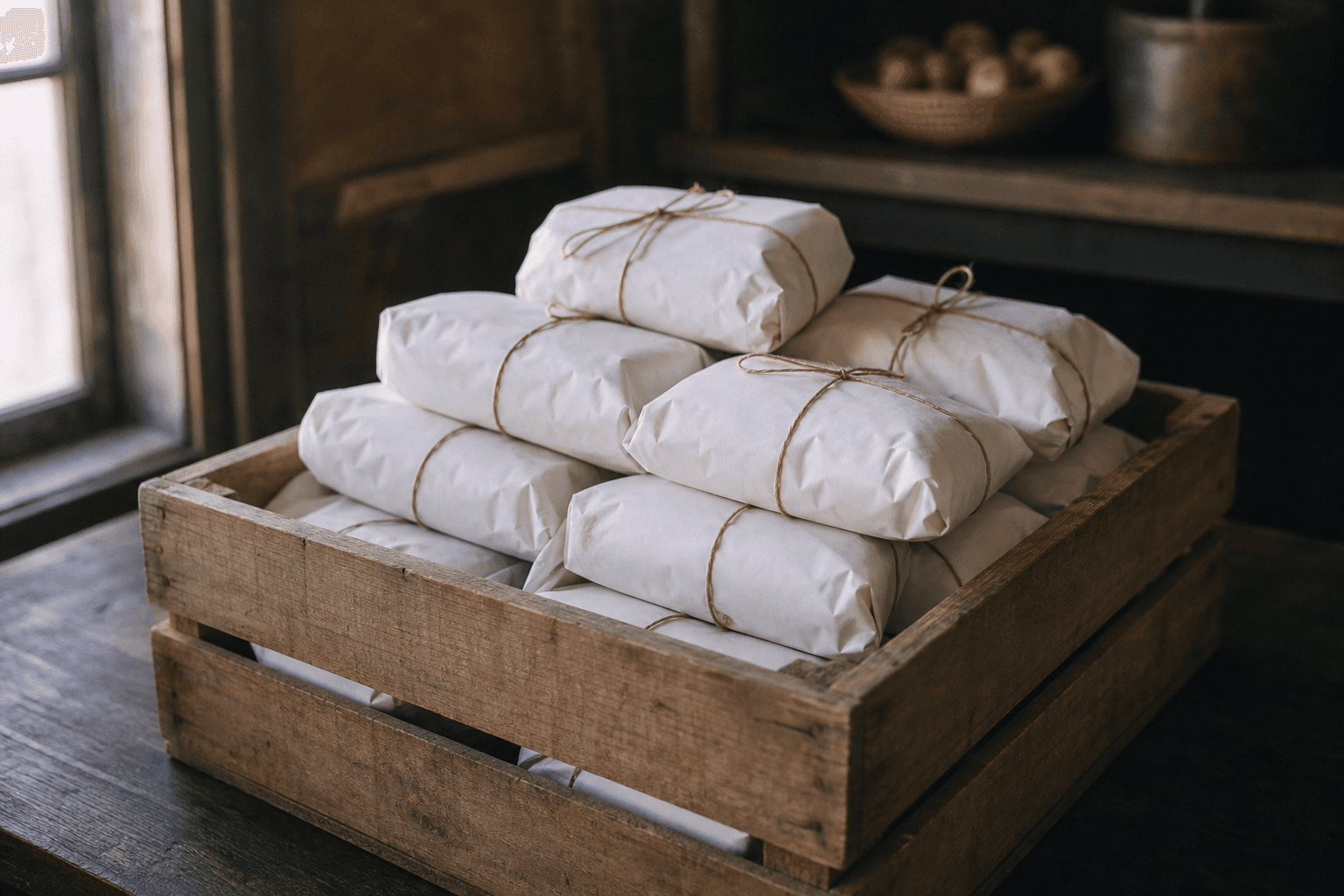 Beef cuts wrapped in blank butcher paper tied with twine, stacked in a plain wooden crate