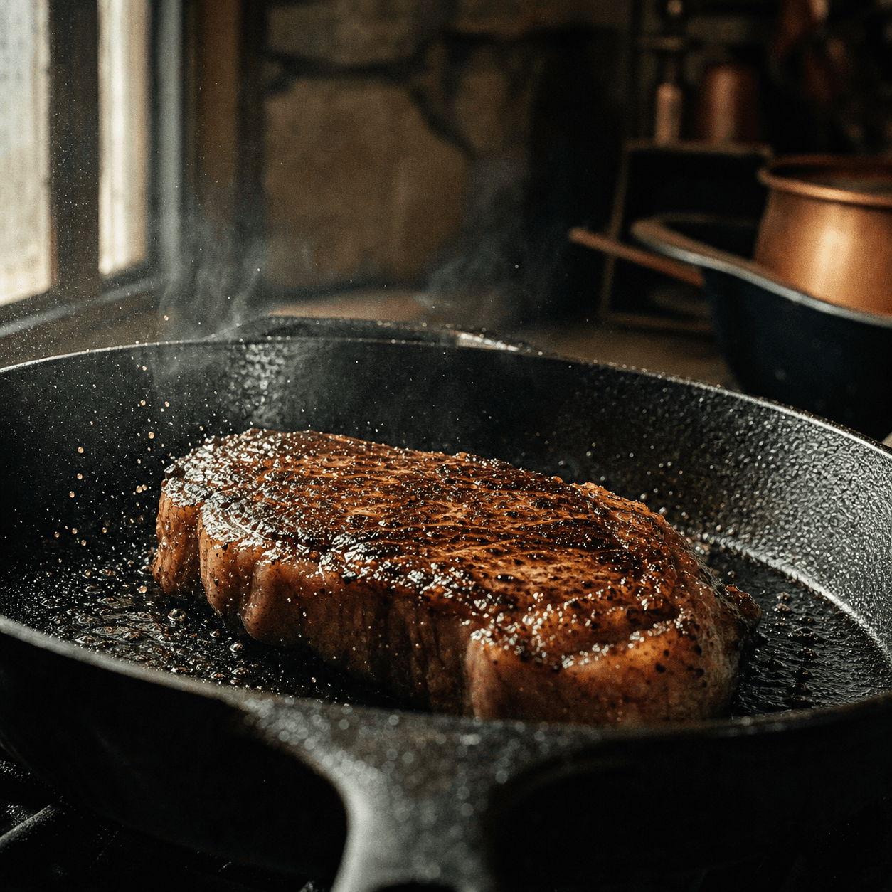Thick steak searing in a cast-iron skillet, smoke caught in window light