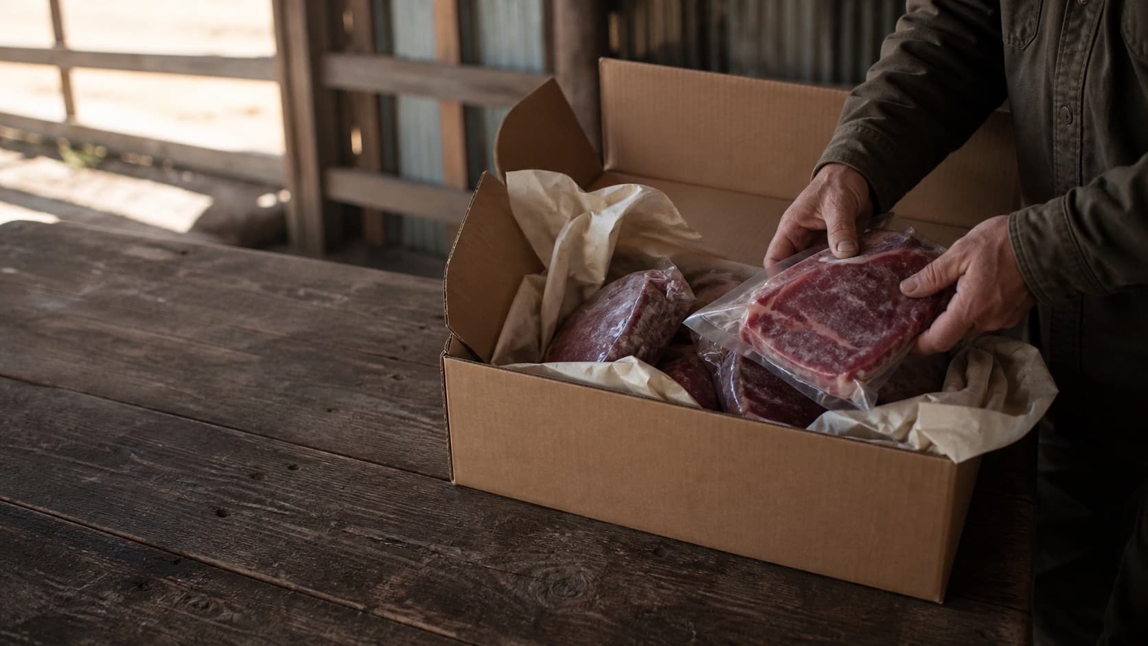 Illustration of hands packing wrapped beef into a ranch box
