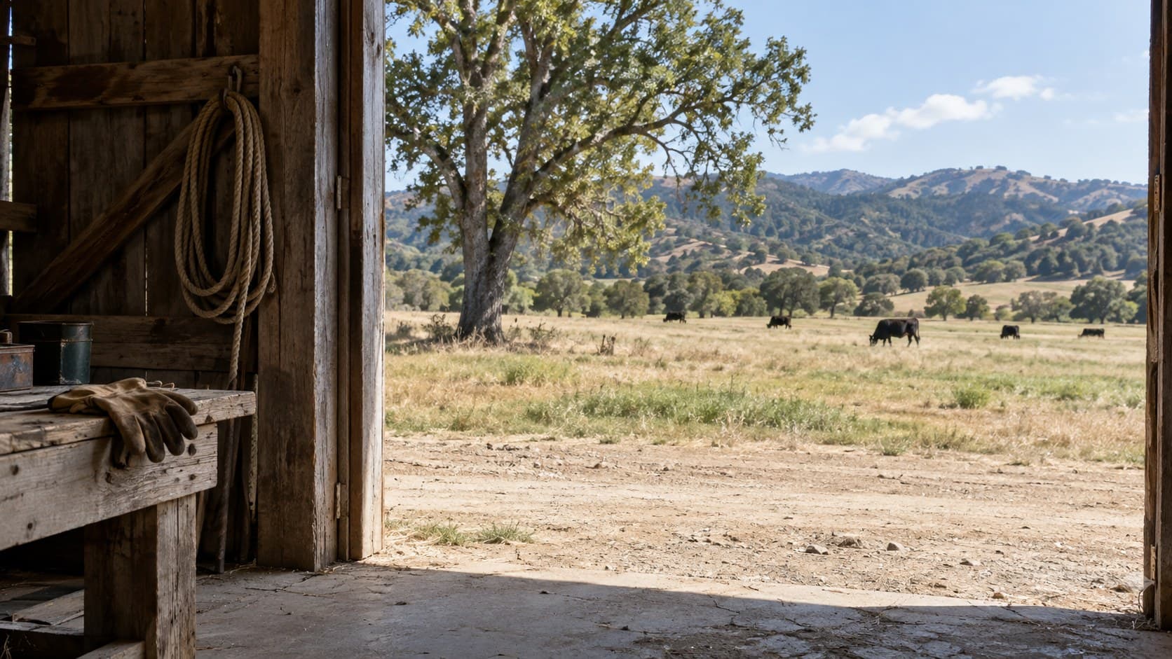 View from a shaded ranch barn toward cattle grazing beneath an oak in the California foothills