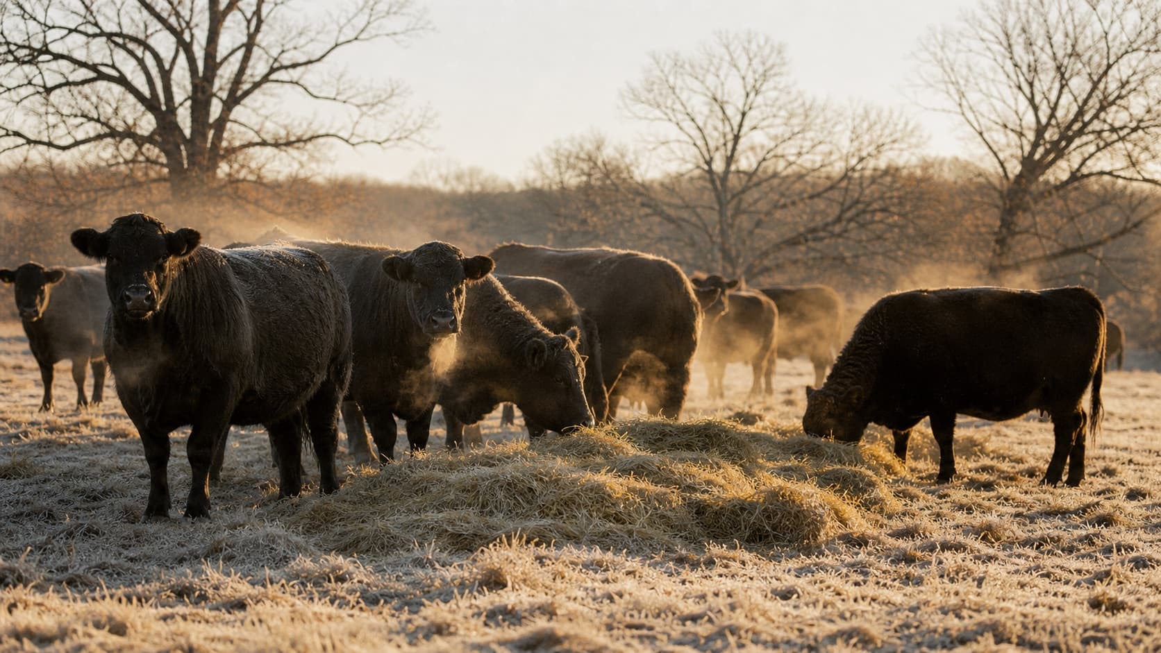 The herd eating hay on frosted pasture at sunrise, breath steaming