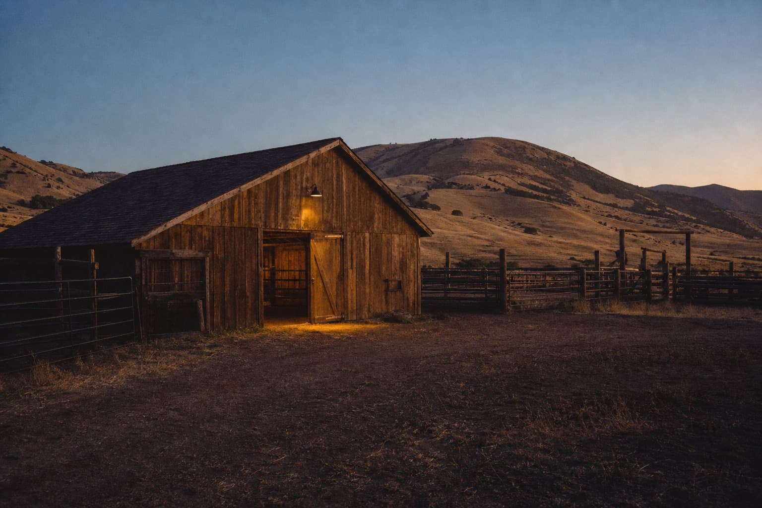 Wooden barn at dusk with lamplight in the doorway, golden hills fading behind