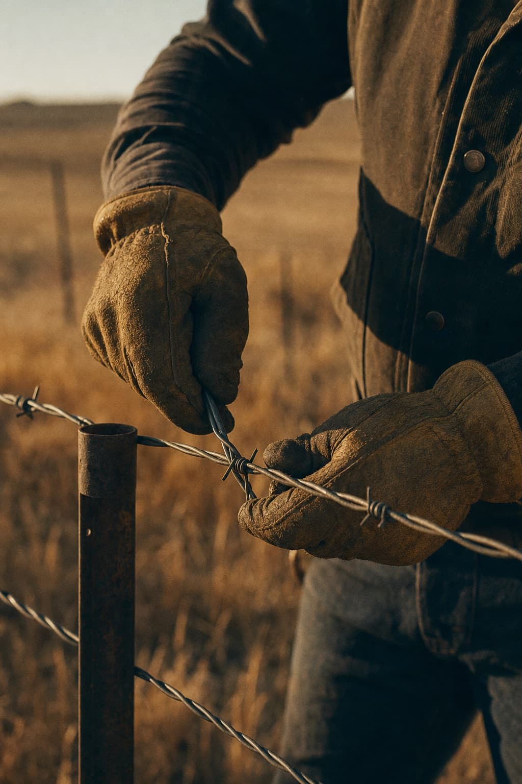 Gloved hands splicing barbed wire on a fence line in warm afternoon light